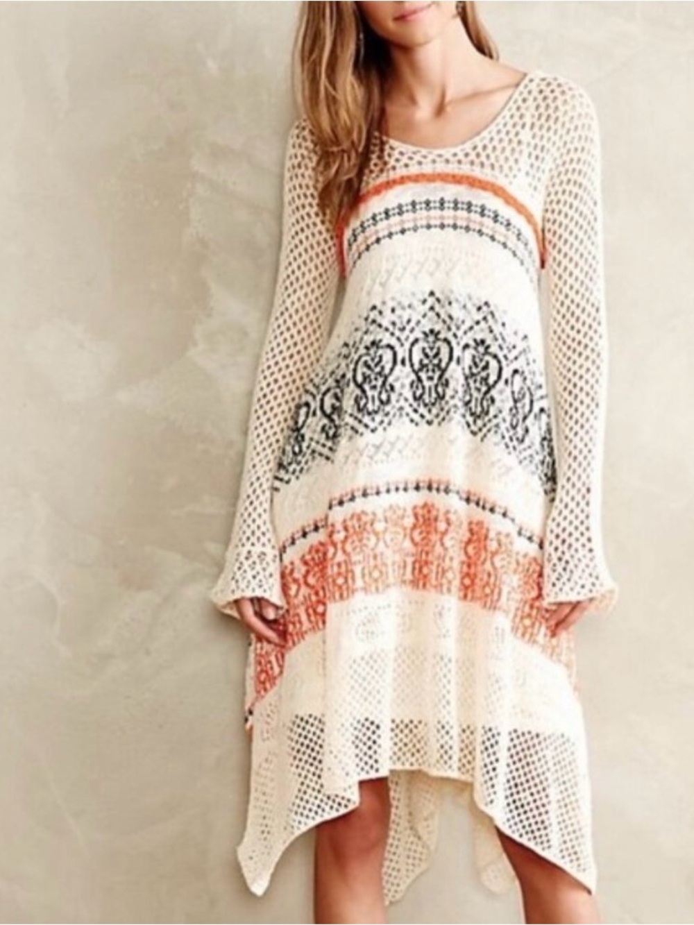 Anthropologie Ivory Crochet Dress with Orange & Black Motif